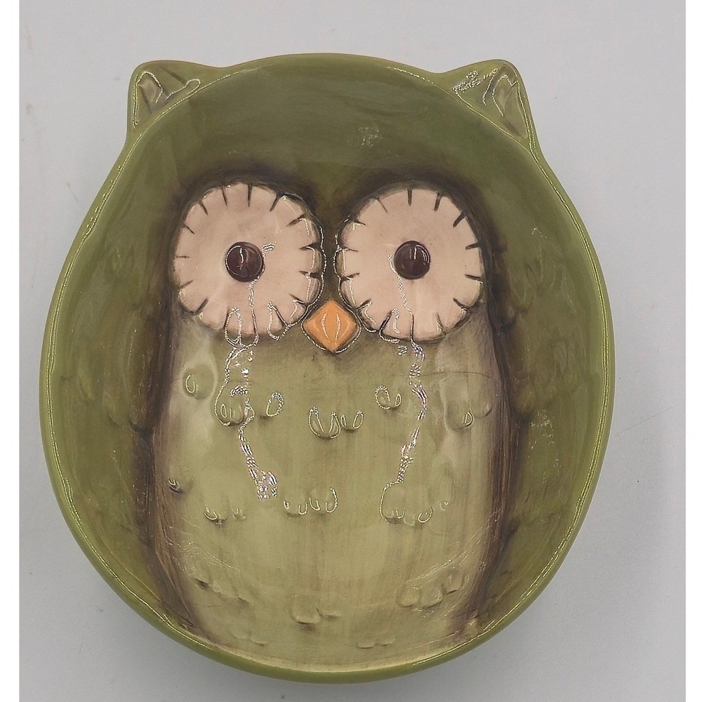 Grasslands Road Owl Bowl Ceramic Crimson Hollow Green Nesting Serving Dish 9 in